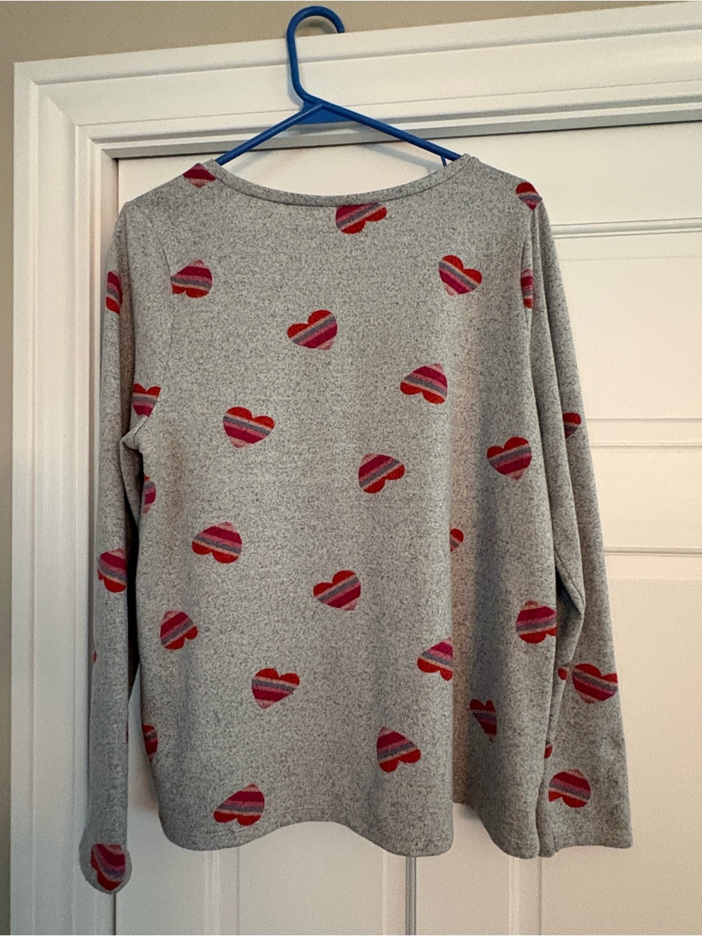 LOFT Gray Crewneck Sweater with Pink & Red Striped Hearts - Picture 3 of 3